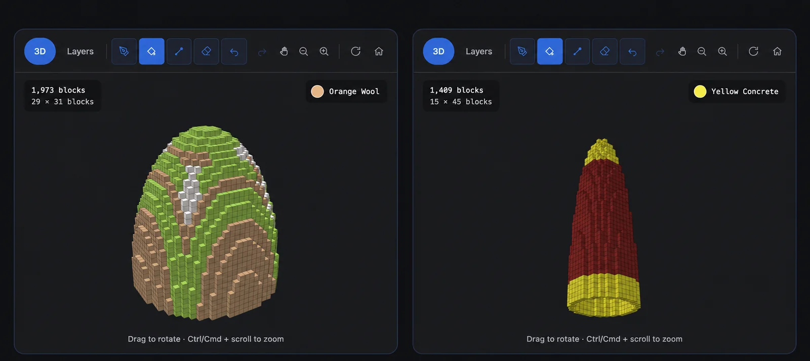 Two Minecraft dome editor previews showing a multicolored dome and a red and yellow custom tower top