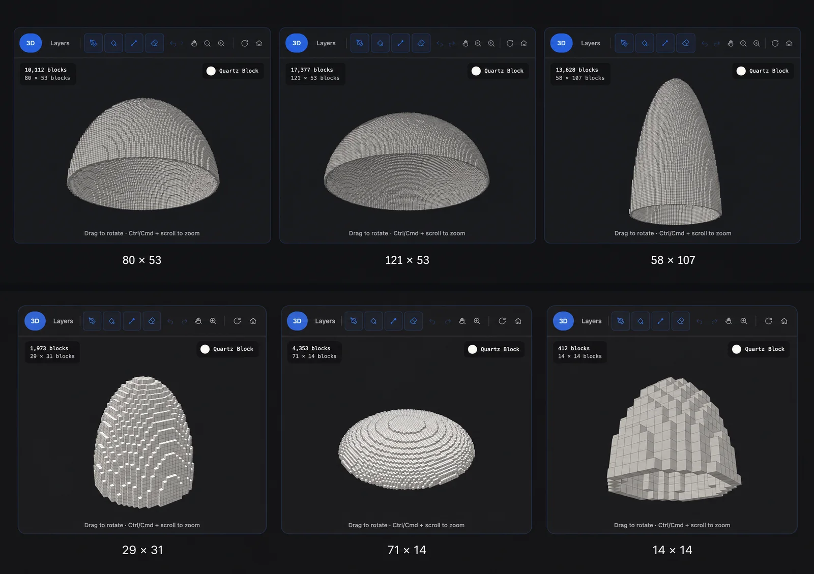 Six Minecraft dome generator previews comparing wide, tall, shallow, and balanced dome dimensions